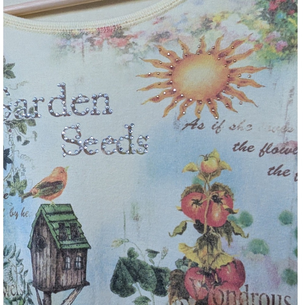 Vintage Y2K Garden Seeds Top Cottagecore Floral Birdhouse Print Fairy XL - Picture 5 of 14